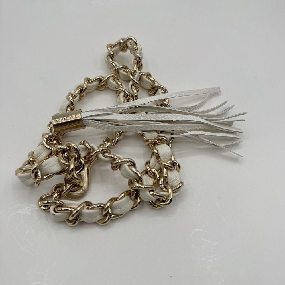 MICHAEL KORS Gold Tone Stainless Steel Metal Chain Belt White Vegan Tassel Sz S